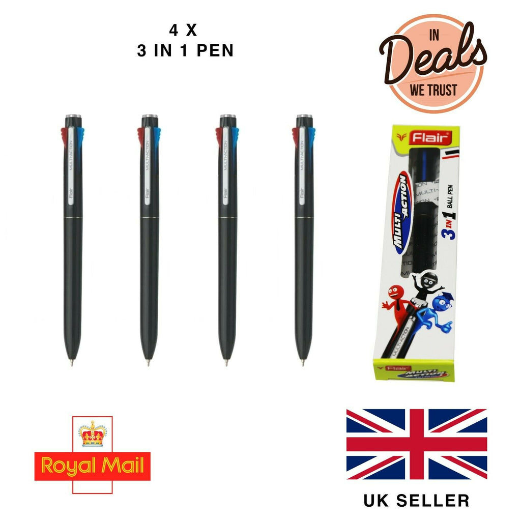 4 x Multi Colour 3 In 1 Retractable Ballpoint Pen Ball Pens Black Blue Red